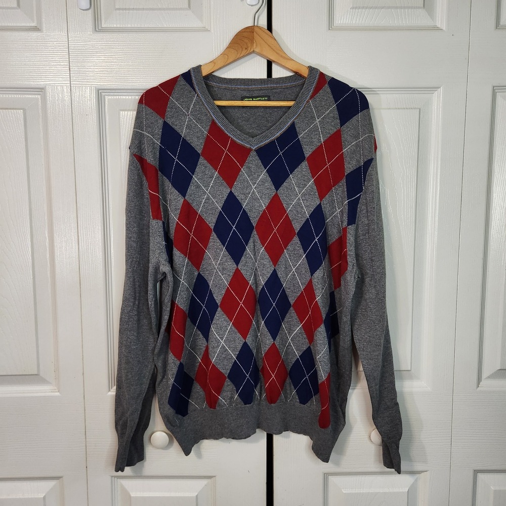 John Bartlett Mens XL Argyle V-Neck Sweater Gray Red Navy Blue 100% Cotton Knit